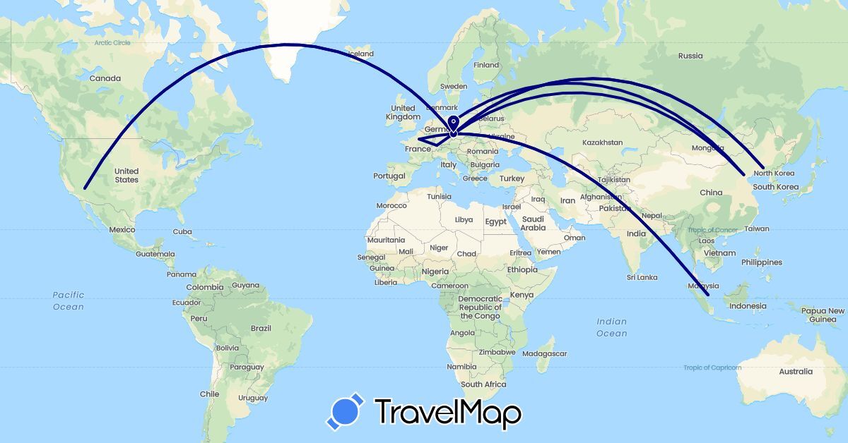 TravelMap itinerary: driving in Switzerland, China, Czech Republic, Germany, France, Singapore, United States (Asia, Europe, North America)